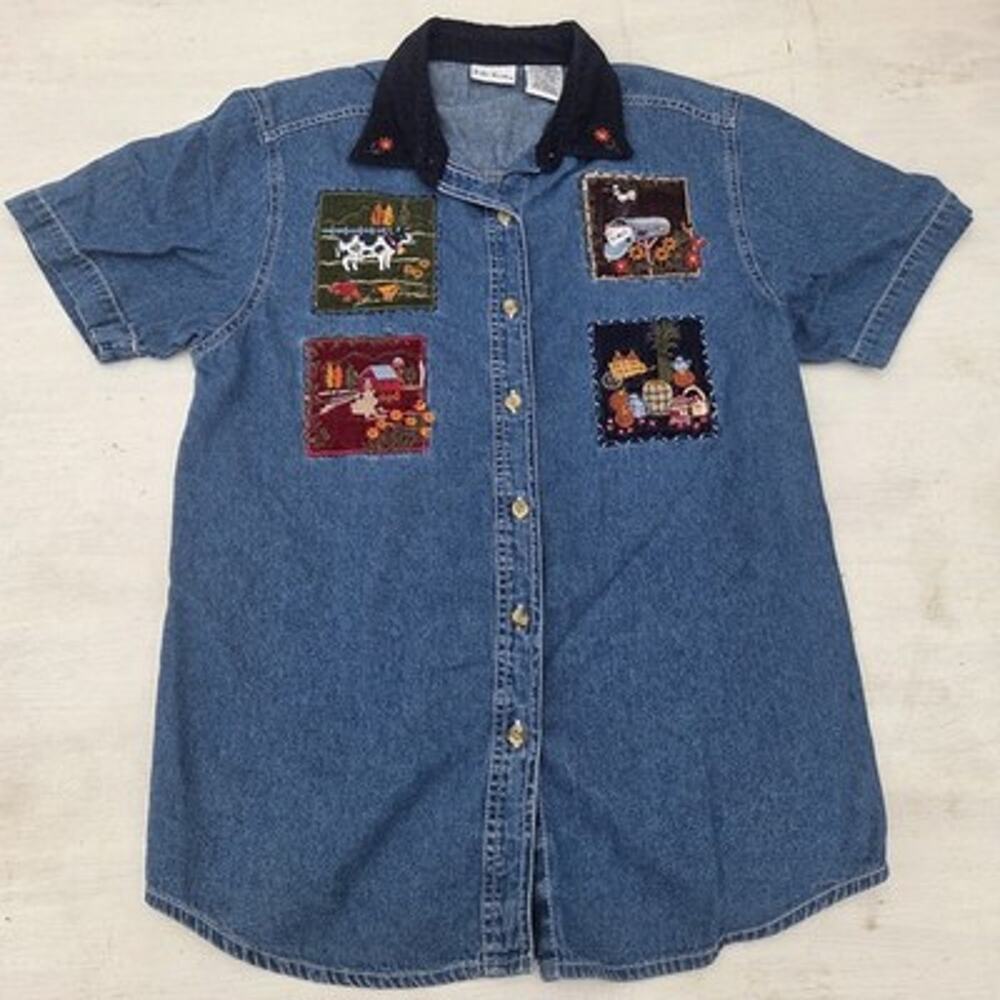 VTG Bobbie Brooks Women's M Embroidered Farm Country Cotton Denim Shirt